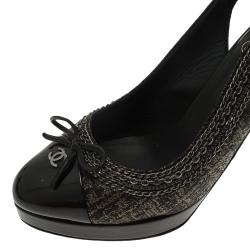 Pre Owned Chanel Black Leather CC Cap Toe Slingback Sandals Size 35.5