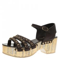 مملوكة مسبقًا Chanel Brown Leather Chain Detail Ankle Strap Platform Sandals Size 39