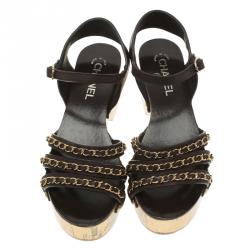 مملوكة مسبقًا Chanel Brown Leather Chain Detail Ankle Strap Platform Sandals Size 39