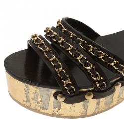 مملوكة مسبقًا Chanel Brown Leather Chain Detail Ankle Strap Platform Sandals Size 39