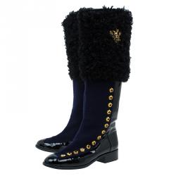 Chanel Blue and Black Moscow Metiers d'Art Leather and Shearling Boots Size 37.5