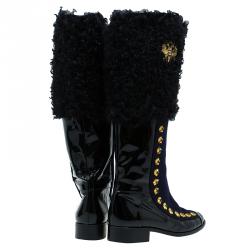 Chanel Blue and Black Moscow Metiers d'Art Leather and Shearling Boots Size 37.5