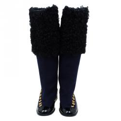 Chanel Blue and Black Moscow Metiers d'Art Leather and Shearling Boots Size 37.5