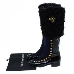 Chanel Blue and Black Moscow Metiers d'Art Leather and Shearling Boots Size 37.5