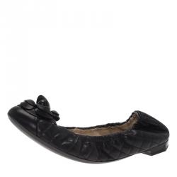Chanel Black Leather Camellia Elastic Ballet Flats Size 37.5