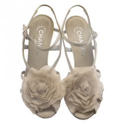 Chanel Cream Satin Flower Strappy Sandals Size 37