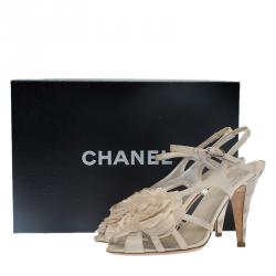 Chanel Cream Satin Flower Strappy Sandals Size 37