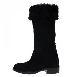 Pre Owned Chanel Black Suede CC Knee Boots Size 38.5