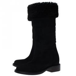Pre Owned Chanel Black Suede CC Knee Boots Size 38.5