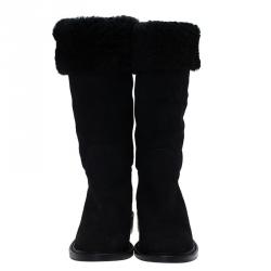 Pre Owned Chanel Black Suede CC Knee Boots Size 38.5