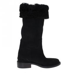 Pre Owned Chanel Black Suede CC Knee Boots Size 38.5