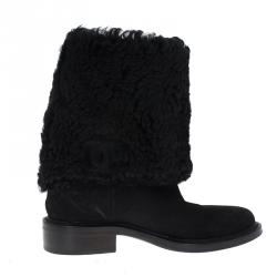 Pre Owned Chanel Black Suede CC Knee Boots Size 38.5