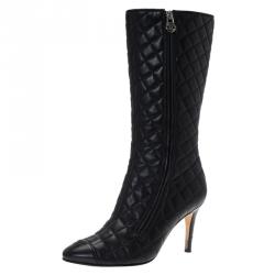 Chanel Black Quilted Leather CC Cap Toe Knee Boots Size 38