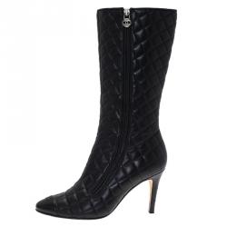 Chanel Black Quilted Leather CC Cap Toe Knee Boots Size 38