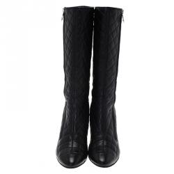 Chanel Black Quilted Leather CC Cap Toe Knee Boots Size 38