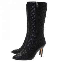 Chanel Black Quilted Leather CC Cap Toe Knee Boots Size 38