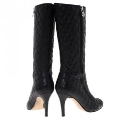 Chanel Black Quilted Leather CC Cap Toe Knee Boots Size 38