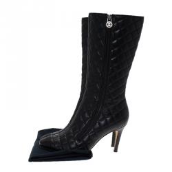 Chanel Black Quilted Leather CC Cap Toe Knee Boots Size 38