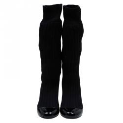 Chanel Black Patent and Sock Knee Boots Size 36.5