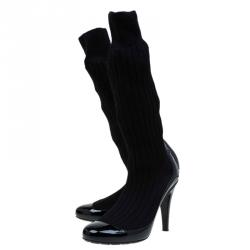 Chanel Black Patent and Sock Knee Boots Size 36.5