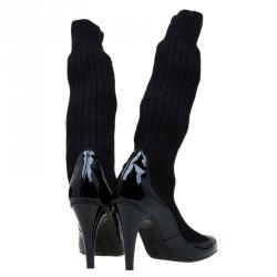 Chanel Black Patent and Sock Knee Boots Size 36.5