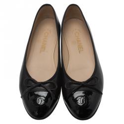 Pre Owned Chanel Black Leather CC Cap Toe Bow Ballet Flats Size 37.5