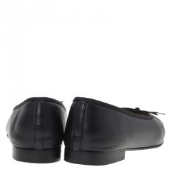 Pre Owned Chanel Black Leather CC Cap Toe Bow Ballet Flats Size 37.5