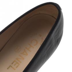 Pre Owned Chanel Black Leather CC Cap Toe Bow Ballet Flats Size 37.5