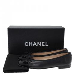 Pre Owned Chanel Black Leather CC Cap Toe Bow Ballet Flats Size 37.5