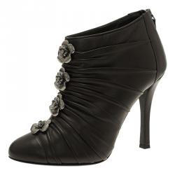 Chanel Dark Grey Pleated Leather Camellia Ankle Boots Size 38.5