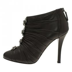 Chanel Dark Grey Pleated Leather Camellia Ankle Boots Size 38.5
