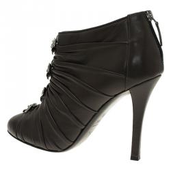 Chanel Dark Grey Pleated Leather Camellia Ankle Boots Size 38.5