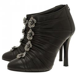 Chanel Dark Grey Pleated Leather Camellia Ankle Boots Size 38.5