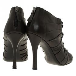Chanel Dark Grey Pleated Leather Camellia Ankle Boots Size 38.5