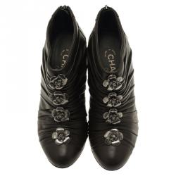 Chanel Dark Grey Pleated Leather Camellia Ankle Boots Size 38.5