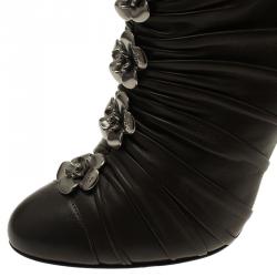Chanel Dark Grey Pleated Leather Camellia Ankle Boots Size 38.5