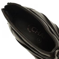 Chanel Dark Grey Pleated Leather Camellia Ankle Boots Size 38.5