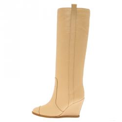 Chanel Beige Leather Wedge Knee Boots Size 35