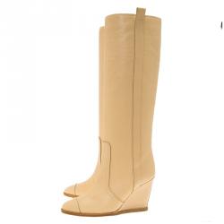 Chanel Beige Leather Wedge Knee Boots Size 35