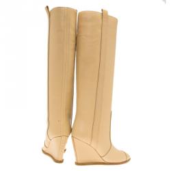 Chanel Beige Leather Wedge Knee Boots Size 35