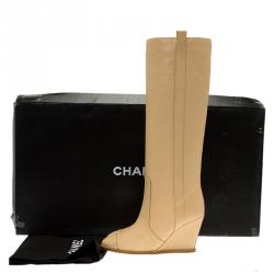 Chanel Beige Leather Wedge Knee Boots Size 35