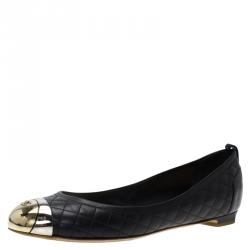 مملوكة مسبقًا Chanel Black Quilted Leather Metal Cap Toe Ballet Flats Size 37.5