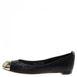 مملوكة مسبقًا Chanel Black Quilted Leather Metal Cap Toe Ballet Flats Size 37.5
