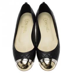 مملوكة مسبقًا Chanel Black Quilted Leather Metal Cap Toe Ballet Flats Size 37.5
