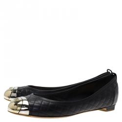 مملوكة مسبقًا Chanel Black Quilted Leather Metal Cap Toe Ballet Flats Size 37.5