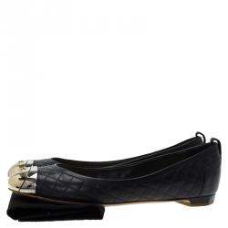 مملوكة مسبقًا Chanel Black Quilted Leather Metal Cap Toe Ballet Flats Size 37.5