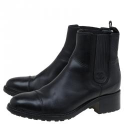 Pre Owned Chanel Black Leather Chelsea Ankle Boots Size 40