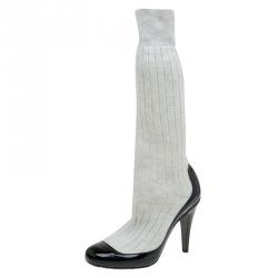 Chanel Black Patent Leather and White Sock Knee Boots Size 37