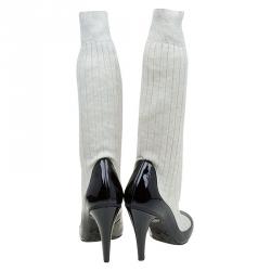 Chanel Black Patent Leather and White Sock Knee Boots Size 37