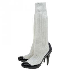 Chanel Black Patent Leather and White Sock Knee Boots Size 37
